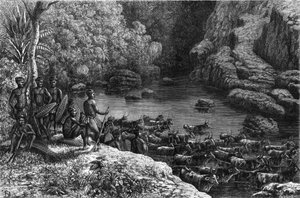 Zululandia en África: debido a que el bosque no ofrece los recursos necesarios, la tribu zulú se ve obligada a bajar a las llanuras donde cultivan y crían ganado. Grabado en "La Nature"
