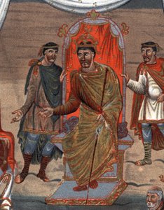 (detalle): Carlos II el Calvo (823-877), Rey de Francia recibiendo una delegación de monjes de Tours. Facsímil en cromolitografía del siglo XIX después de una miniatura del siglo X conservada en la B.N. de París. de Unknown artist