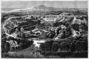 Vista general del jardín de aclimatación en el Bois de Boulogne ofrecido e inaugurado por Napoleón III en 1860, combinando naturaleza, flora exuberante y animales exóticos, en “l