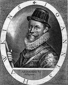 Retrato de Sir John Hawkins (Hawkyns), almirante inglés (1532-1595), conocido por ser el primero en comerciar con esclavos, realizó varios viajes, financiados por comerciantes de Londres, entre África y las Américas. Grabado de 1620