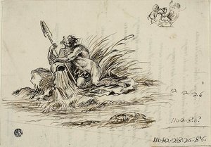Anverso: Un dios del río; verso: un soneto de Santi Rinaldi
