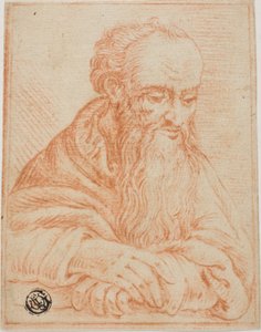 Boceto de medio cuerpo de un hombre barbudo apoyado en un alféizar o una mesa de Unknown Italian