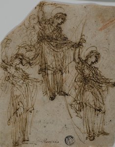 Bocetos de un santo de pie con una espada (anverso); bocetos de figuras y cabezas (reverso)