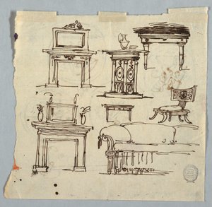 Dibujo, piezas de chimenea, muebles y medallón de techo, 1790-1810 de Unknown artistUnknown artist