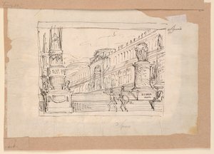 Dibujo, Diseño de cortina, Soldados en una escalinata, principios del siglo XIX de Unknown artistUnknown artist