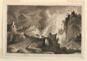 Dibujo, escenografía, quema de la ciudad, ca. 1810-20