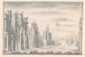 Dibujo, escenografía, vista de la ciudad y del puerto, principios del siglo XVIII de Unknown artistUnknown artist