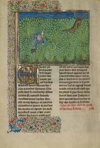 Un cazador y un perro rastrean en un matorral de Unknown artist