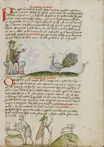 Un rey entronizado habla a un pavo real; un pastor mata a un carnero; un pastor con cayado y cuchillo ante dos cabras de Unknown artist