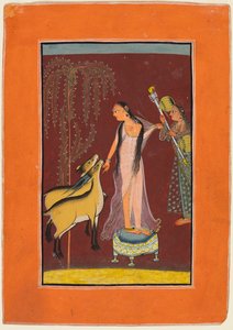 Una dama con asistente y un par de ciervos: probablemente Gujari Ragini de Dipak, de un Pahari Ragamala de Unknown artist