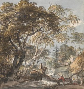 Un arroyo de madera con pescador de Unknown artist