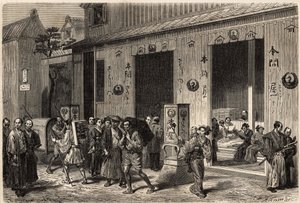 Una librería, con pilas de libros y lectores, en Yedo (o Edo, actual Tokio), abierta en una calle animada. Grabado para ilustrar el viaje a Japón, en 1863-1864, por Aime Humbert, ministro de la Confederación Suiza, en "Le tour du monde, nouveau jou