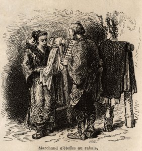 Un comerciante de telas con descuento hace el artículo a una joven que lleva a su bebé en la espalda. Grabado para ilustrar el viaje a Japón, por Aime Humbert, ministro de la Confederación Suiza, en 1863-1864, publicado en “Le tour du monde, nouveau journa