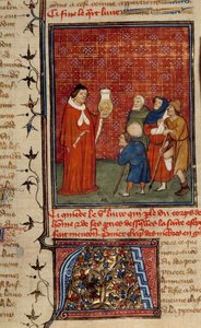 Un doctor examinando un frasco de orina frente a pacientes. Miniatura tomada de Barthelemy el Inglés de Unknown artist
