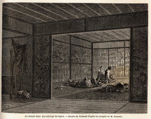 Un dormitorio en una posada en Japón. Grabado para ilustrar el viaje a Japón en 1863-1864, por Aime Humbert, ministro de la Confederación Suiza, en 