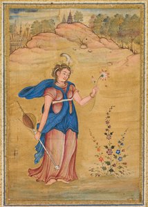 Una figura femenina de pie en un paisaje que sostiene un "khuuchir" de cuatro cuerdas y una flor de loto de Unknown artist