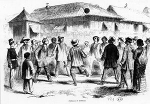 Un partido de fútbol en Manila (Filipinas) - grabado