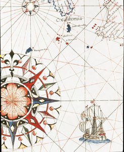 Un galeón navegando frente a la costa de California (detalle del portulano de Castellini) de Unknown artist