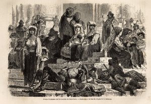 Un grupo de campesinos y pastores se reúnen para la celebración de la Semana Santa en los escalones de San Pedro en el Vaticano. Grabado para ilustrar la historia de la Semana Santa en Roma, en 1863, por Ludovic Celler, en “Le tour du monde, nouveau journa