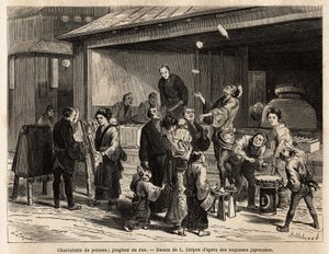 Una escena animada de una calle en Edo (Tokio), con un malabarista ambulante frente a una tienda de pescado, y un vendedor de telas baratas. Grabado para ilustrar el viaje a Japón, por Aime Humbert, ministro de la Confederación Suiza, en 1863-1864, publica de Unknown artist
