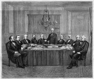 Reunión del Consejo de Ministros en Versalles. De izquierda a derecha: Louis Buffet (1818-1898), Ministro del Interior; Léon Say (1826-1896), Ministro de Finanzas; Henri Wallon (1812-1904), Ministro de Instrucción Pública, Culto y Bellas Artes; Alfred  de Unknown artist
