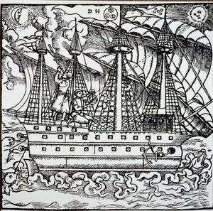 Un navegante en una carabela portuguesa usando un astrolabio. Grabado de las historias de viaje del navegante alemán Hans Staden