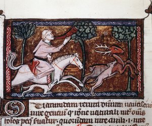 Un noble cazando un ciervo. Manuscrito del siglo XV