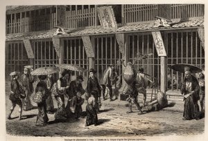 Una tienda de farmacia en Yedo (o Edo, actual Tokio), el farmacéutico trabaja con su ayudante ante los ojos del público, protegido por una rejilla de laca de madera, frente a la cual los barqueros esperan en la calle para ser atendidos y luego pagan pasand