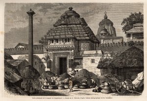 Un paseo popular frente a la puerta principal de la Pagoda Djaghernaut (construida alrededor de 1200), una ciudad sagrada y sitio de peregrinación en el sur de Bengala. Grabado para ilustrar el viaje en las provincias meridionales de India, por Alfred Gran