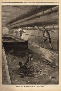 Un segador de París se ahoga al limpiar una derivación fangosa. Grabado en "Le petit journal" 15/9/1899. Colección Selva de Unknown artist