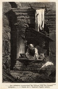 Un zapatero, que montó su tienda y trabaja en ruinas antiguas. Grabado para ilustrar el viaje a Roma, por Francis Wey, en 1864-1868, publicado en "Le tour du monde" 1869, editado por Edouard Charton, edición Hachette, París. Colección Selva