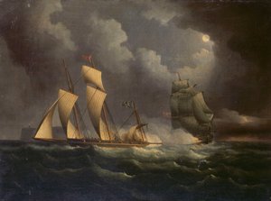 Un lugre de contrabando perseguido por un bergantín naval, c.1825 (óleo sobre lienzo) de Unknown artist