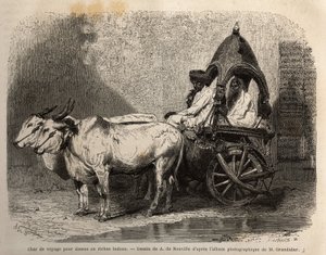 Un tanque de viaje tirado por dos bueyes blancos, para damas o hindúes adinerados. Grabado para ilustrar el viaje en las provincias meridionales de la India, por Alfred Grandidier, en 1862-1864, publicado en “Le tour du monde”, bajo la dirección de D