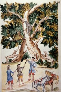 Un gato montés encaramado en un árbol, cazadores lo esperan, del libro "Trujillo del Perú" o "Códice Martínez Compañón", por Baltazar Martínez Compañón y Bujanda, obispo de Trujillo (1782-1785)