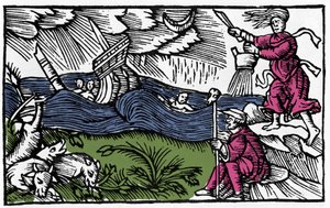 Una bruja causa una tempestad según “Historia de gentis septentrionalibus” de Olaus Magnus, Roma 1555 de Unknown artist