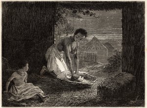 Una mujer moliendo grano en un quemador, el molino consiste en un bloque estacionario de granito en forma de canal y una pieza de cuarzo convexa. Grabado para ilustrar los primeros viajes del Dr. Livingstone al sur de África de 1840 a 1856, en “Le tour du  de Unknown artist