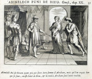 Abimelec entrega a Sara a Abraham - Biblia, grabado de Unknown artist