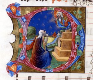 Abraham es invitado por el Señor a dejar su tierra. Miniatura de un coro del siglo XV ("civitatis" de San Agustín).