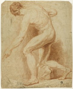Desnudo masculino académico, medio arrodillado y visto de espaldas