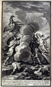 Aquiles, cubierto con sus nuevas armas, habiendo atacado rigurosamente a los troyanos, se lanza con furia sobre Héctor, a quien estaba listo para matar por su resentimiento, pero Apolo lo cubre con una espesa nube y lo libera de este peligro. Ilustración d de Unknown artist