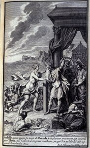 Aquiles, al enterarse de la muerte de Patroclo y llorarlo amargamente, es consolado por Tetis, quien le exhorta a no luchar hasta que le traiga nuevas armas. Ilustración del libro XVIII de la Ilíada de Homero, edición francesa de Unknown artist