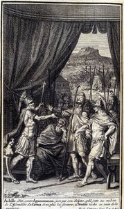 Aquiles, irritado contra Agamenón, jura por su cetro que no ayudará a los griegos; y Néstor intenta en vano apaciguarlos. Ilustración del libro I de la Ilíada de Homero, edición francesa de Unknown artist