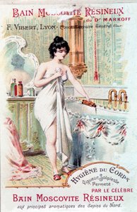 Publicidad para el baño de Resineux Moscovita, para la higiene del cuerpo: una joven vierte un aceite de baño en su bañera. 1890