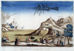 Pez aerostático elevado en Plasencia, España, dirigido por Dom Joseph Patinho, volando hacia la ciudad de Coria en las orillas del río Arragón (12 leguas de Plasencia) el 10 de marzo
