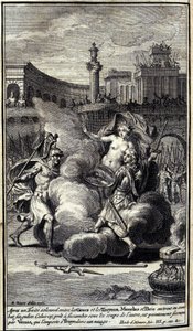 Después de un trato solemne entre los griegos y los troyanos, Menelao y Paris entraron en una batalla singular. Este, a punto de sucumbir bajo los golpes del otro, es rescatado por Venus que lo lleva a Troya en una nube. Ilustración del libro III de la Ilí de Unknown artist