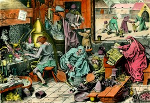 Laboratorio de alquimia. Un alquimista consultando un grimorio. Grabado del siglo XVI. Colección privada