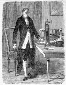 Alessandro (Alexandre) Volta construyó, en 1799, el electro-motor o batería eléctrica - grabado de Unknown artist
