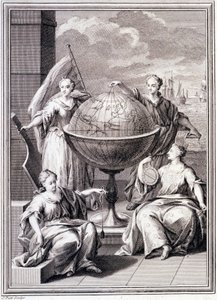 Alegoría de la Exploración del Mundo - en “Viaje Histórico de América del Sur realizado por Orden del Rey de España”, por Don Georges Juan y Don Antoine de Ulloa, Librería del Rey, París de Unknown artist
