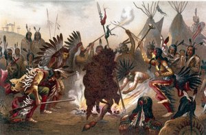 Ritual de los indios americanos (indios de las llanuras del sur de Dakota): Danza de guerra Sioux. Cromolitografía de “La raza humana” de Ratzel, aproximadamente 1890 de Unknown artist