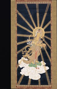 Tríada de Amitabha (Amida) descendiendo del cielo (pigmento sobre konshi (papel de arroz azul)) de Unknown artist